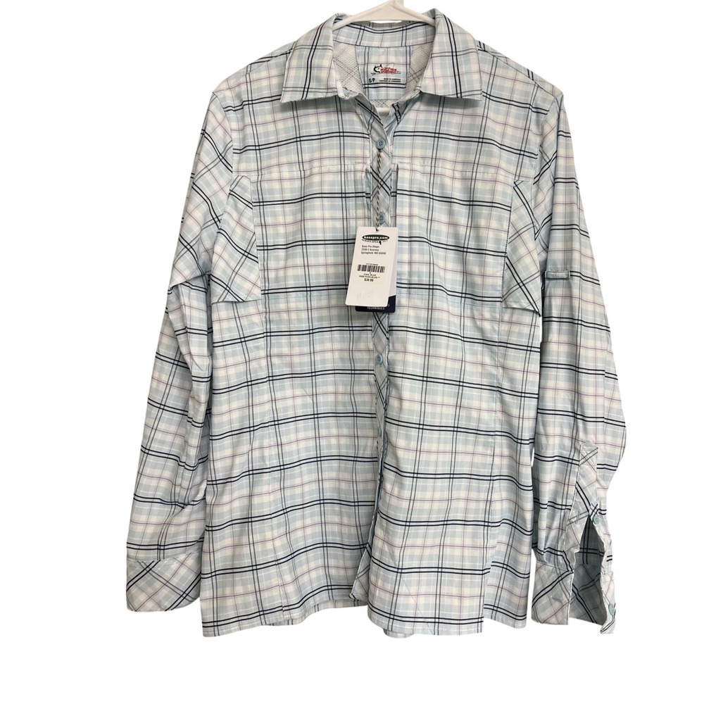 World Wide Sportsman Womens S Fishing Shirt Blue Plaid UPF 50 Vented Long Sleeve - Picture 4 of 10